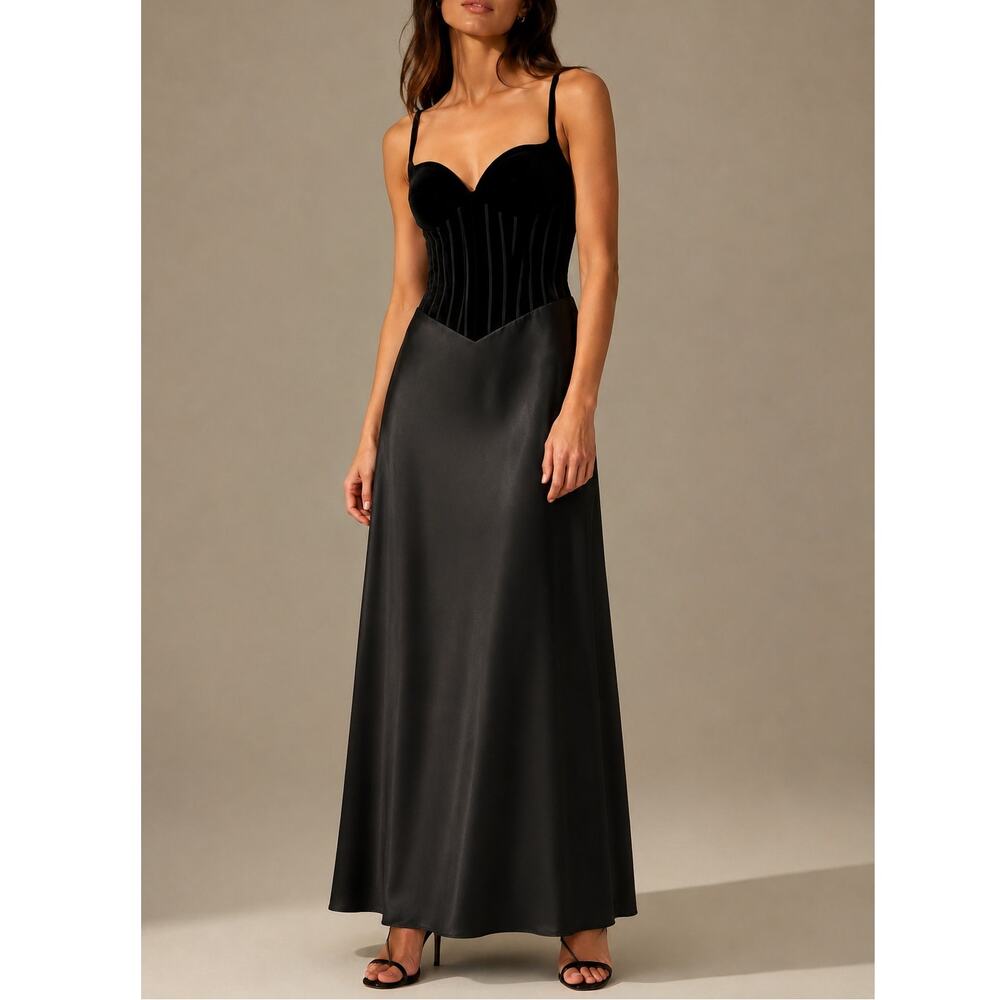 Tadashi Shoji 6 Stretch Velvet+Satin Corset Gown Maxi Dress Evening Formal Black